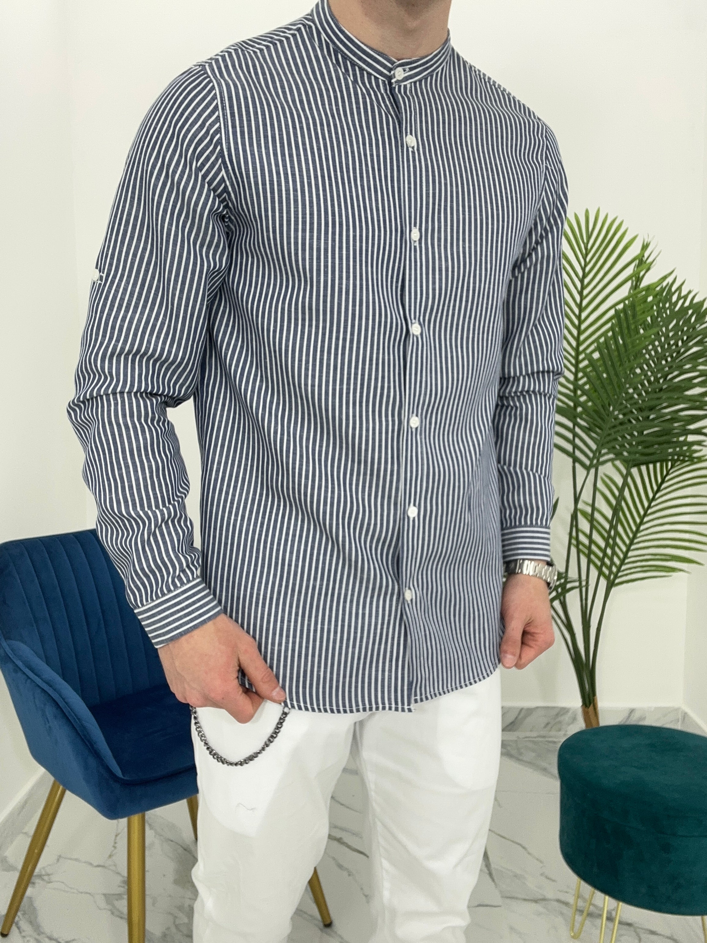 CAMICIA IN LINO A RIGHE col.BLU