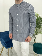 CAMICIA IN LINO A RIGHE col.BLU