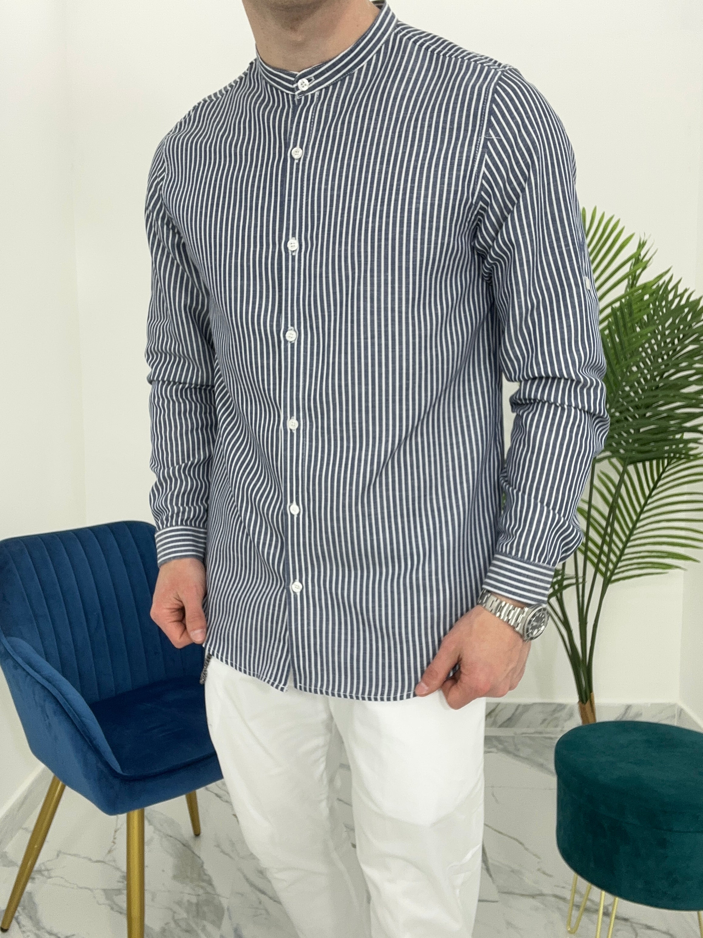 CAMICIA IN LINO A RIGHE col.BLU