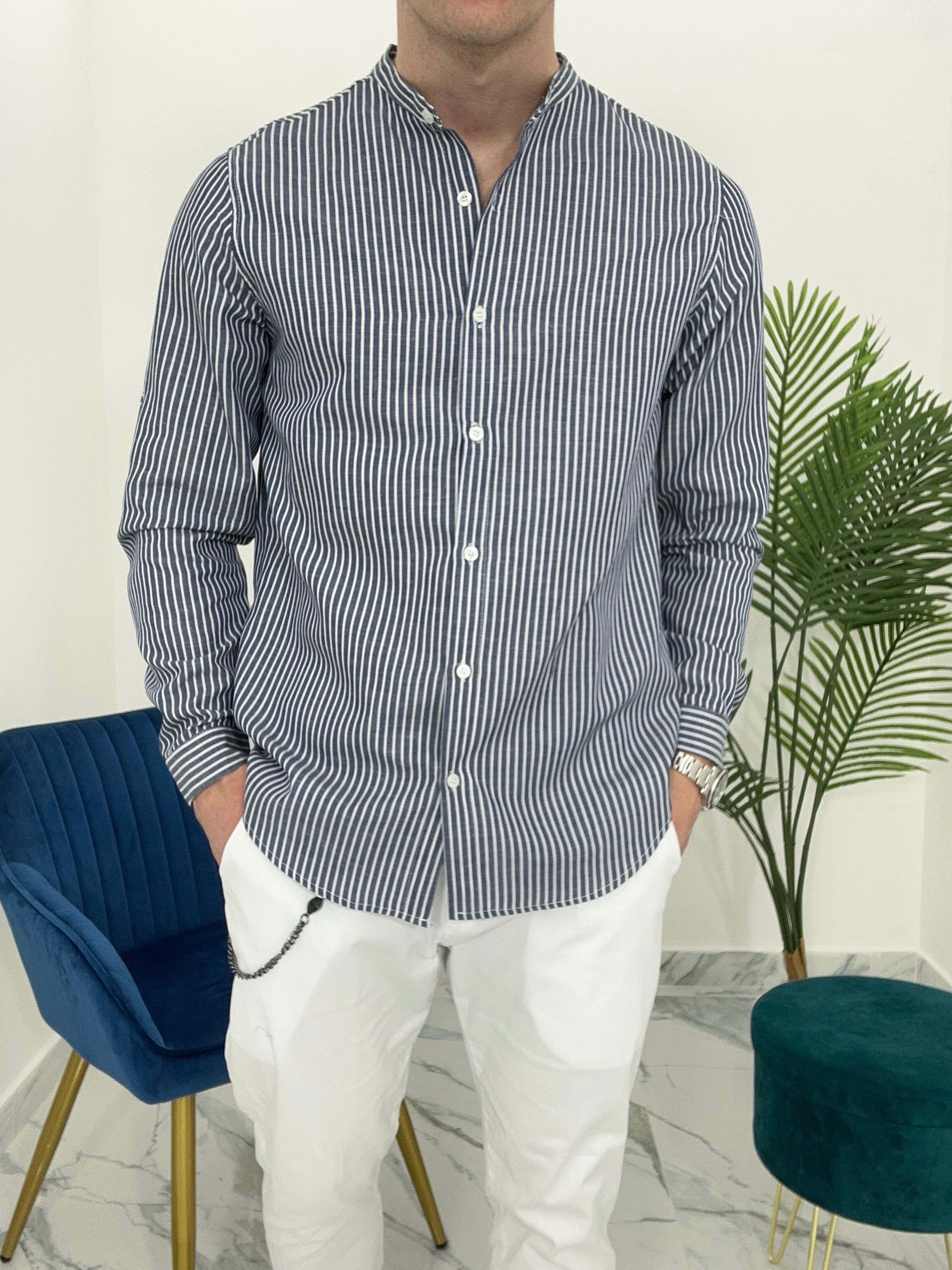 CAMICIA IN LINO A RIGHE col.BLU