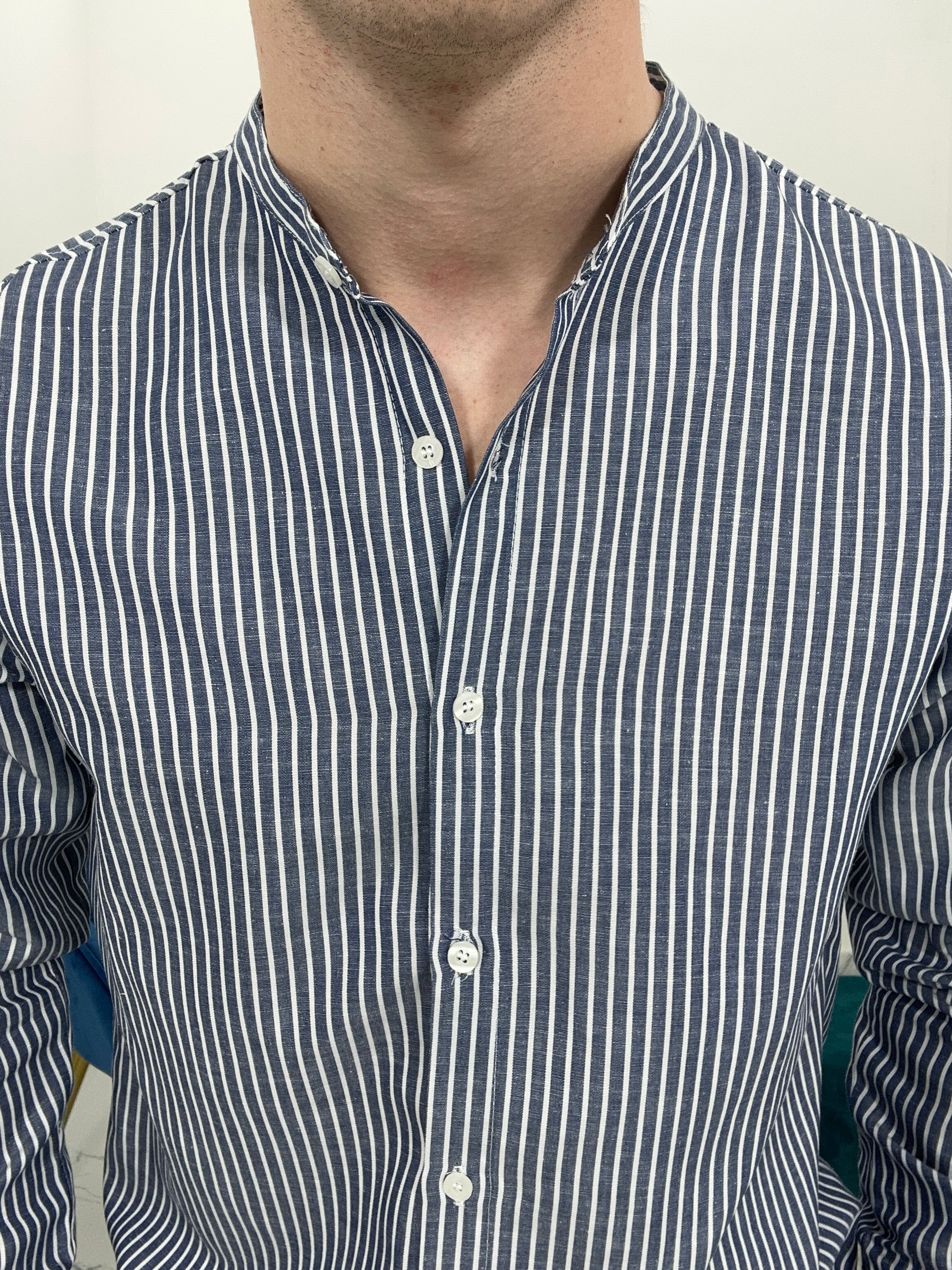 CAMICIA IN LINO A RIGHE col.BLU