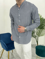 CAMICIA IN LINO A RIGHE col.BLU