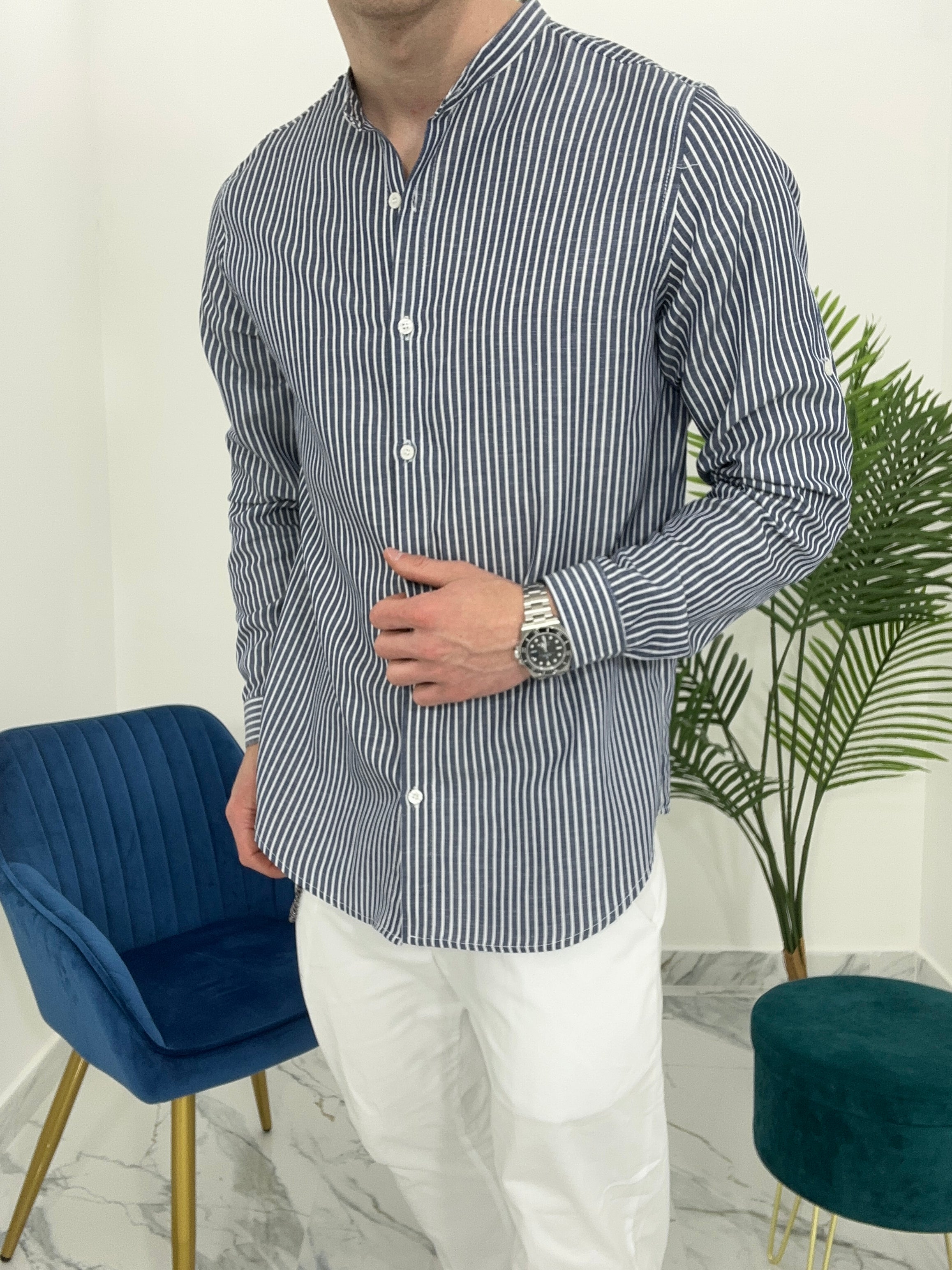 CAMICIA IN LINO A RIGHE col.BLU