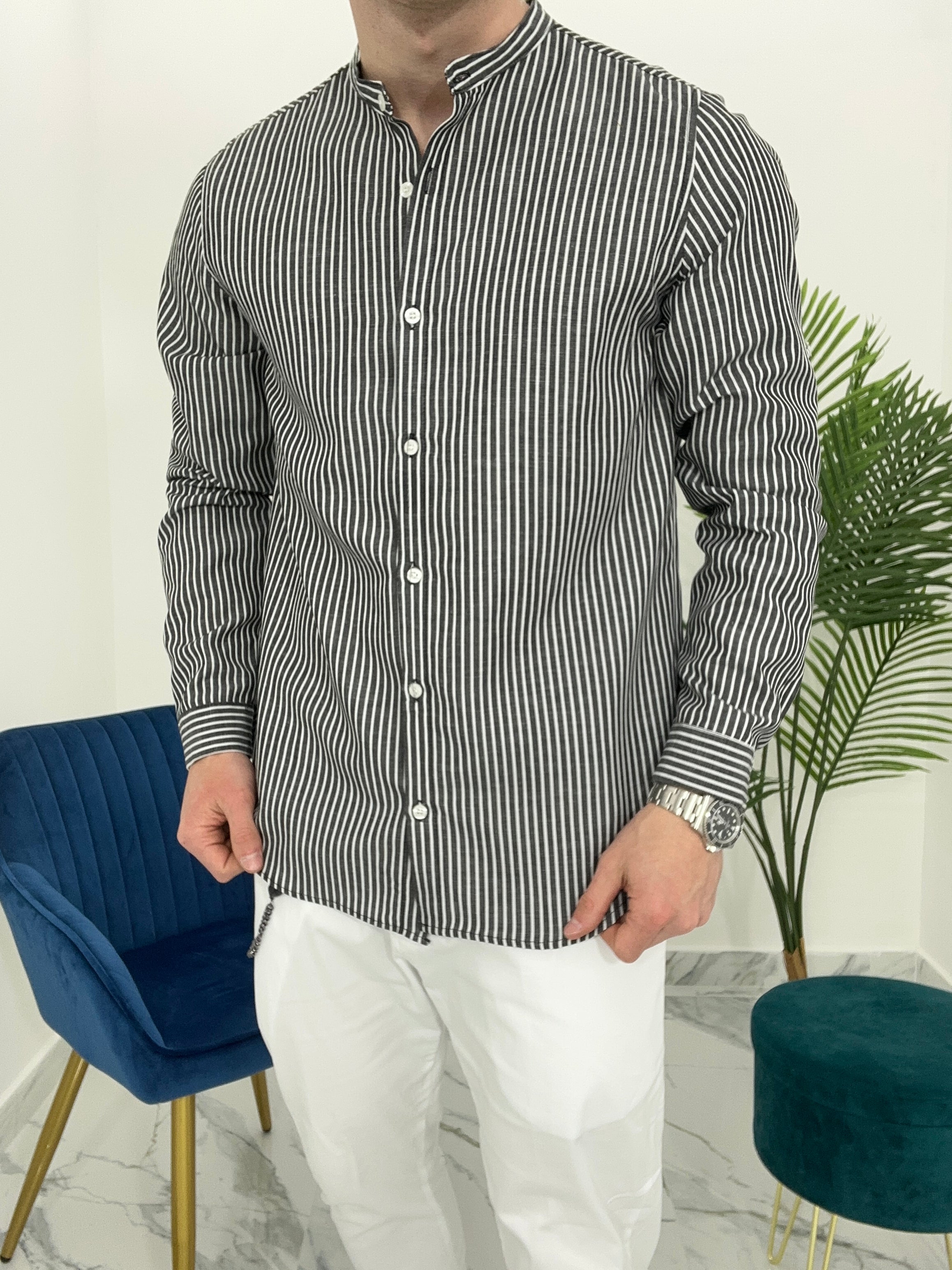 CAMICIA IN LINO A RIGHE col.NERO SKY02