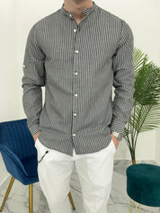 CAMICIA IN LINO A RIGHE col.NERO SKY02