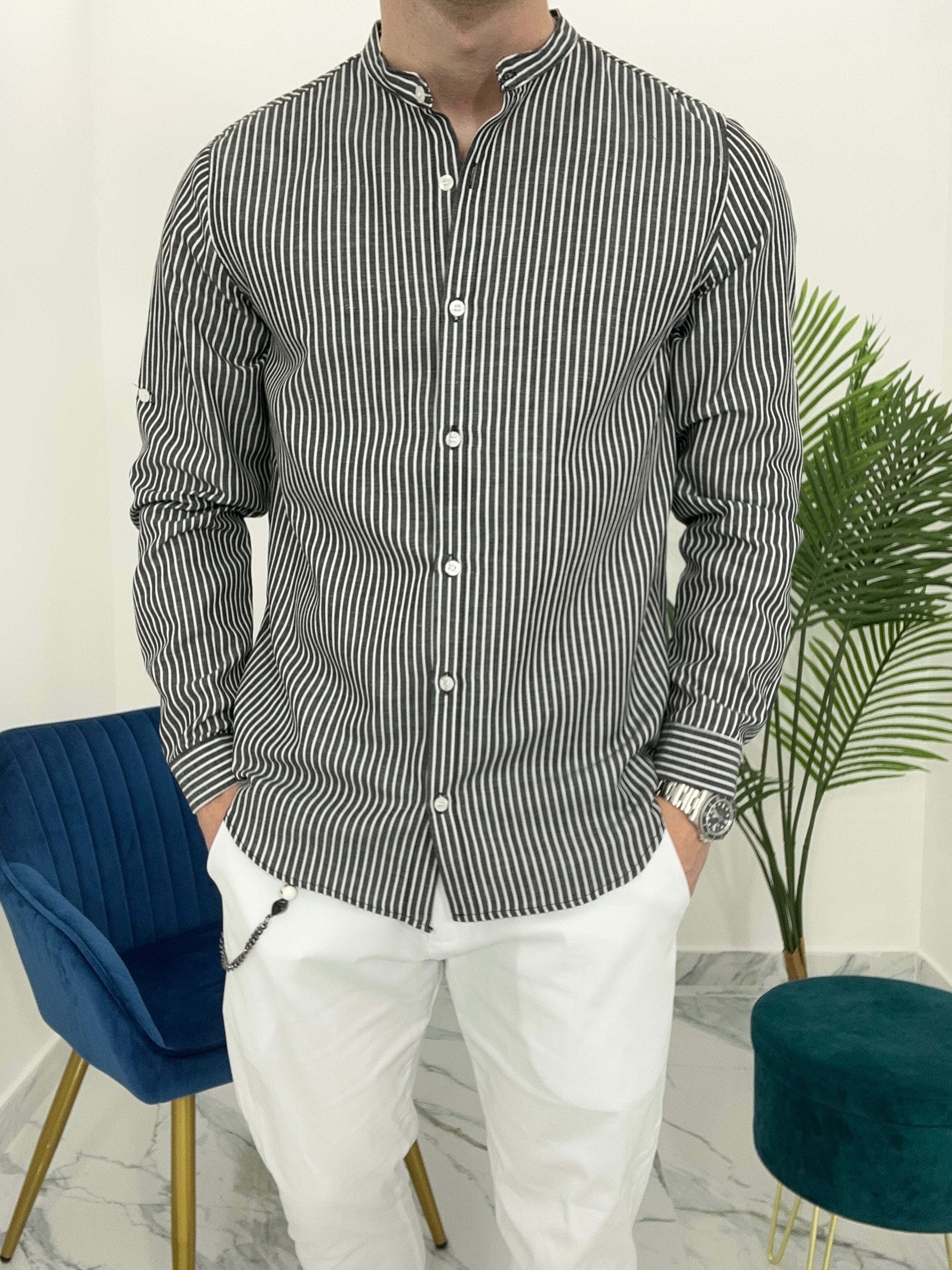 CAMICIA IN LINO A RIGHE col.NERO SKY02