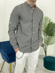 CAMICIA IN LINO A RIGHE col.NERO SKY02