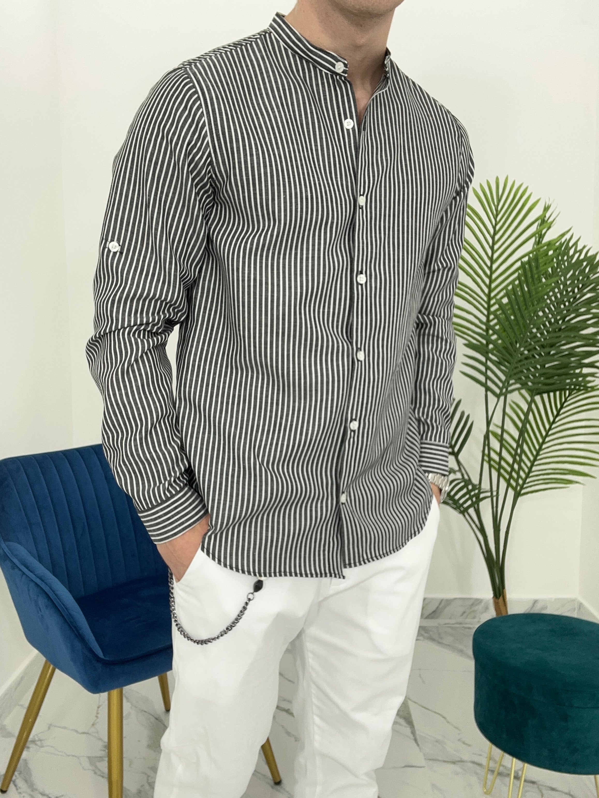 CAMICIA IN LINO A RIGHE col.NERO SKY02