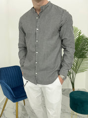 CAMICIA IN LINO A RIGHE col.NERO SKY02