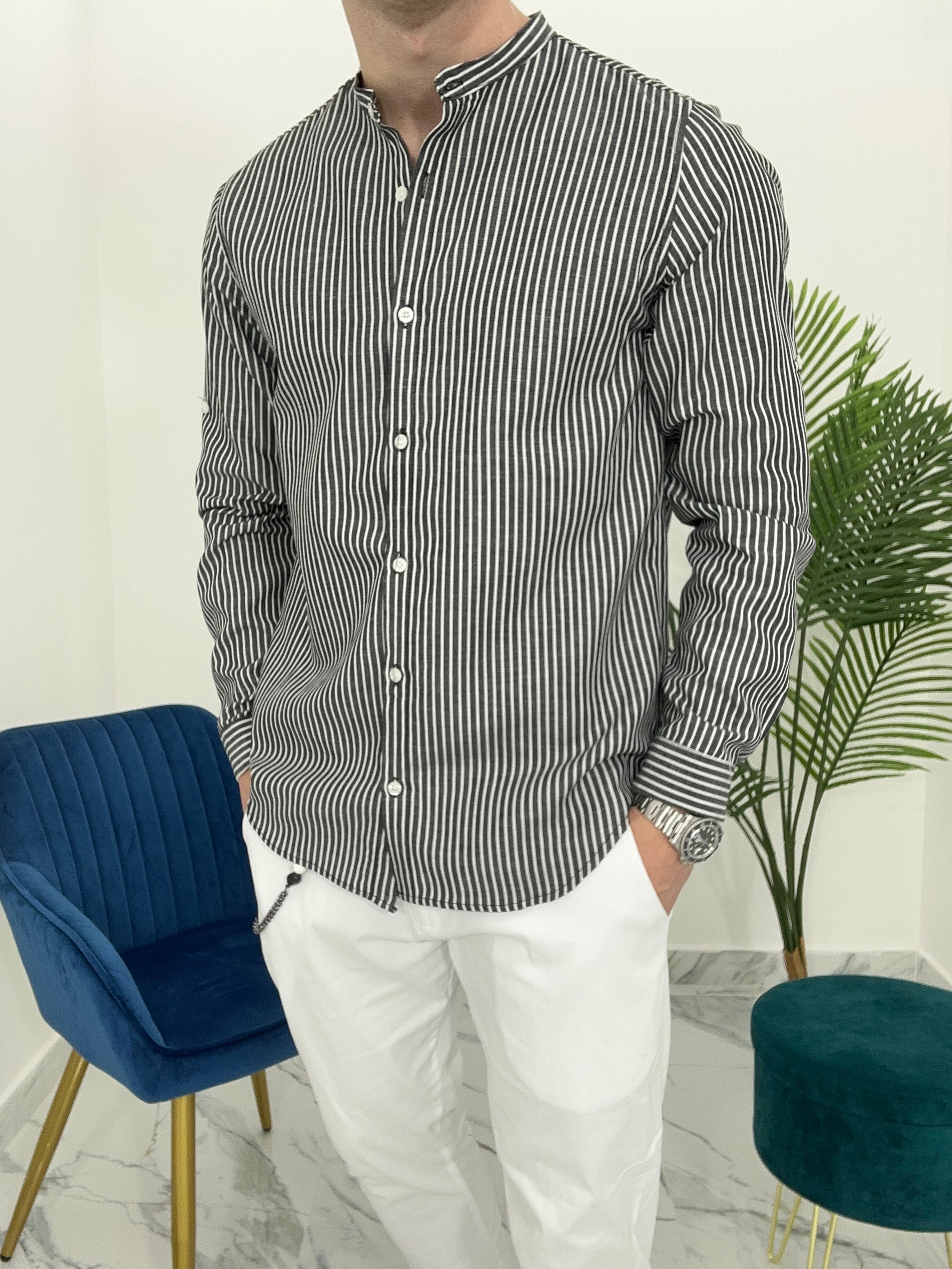 CAMICIA IN LINO A RIGHE col.NERO SKY02