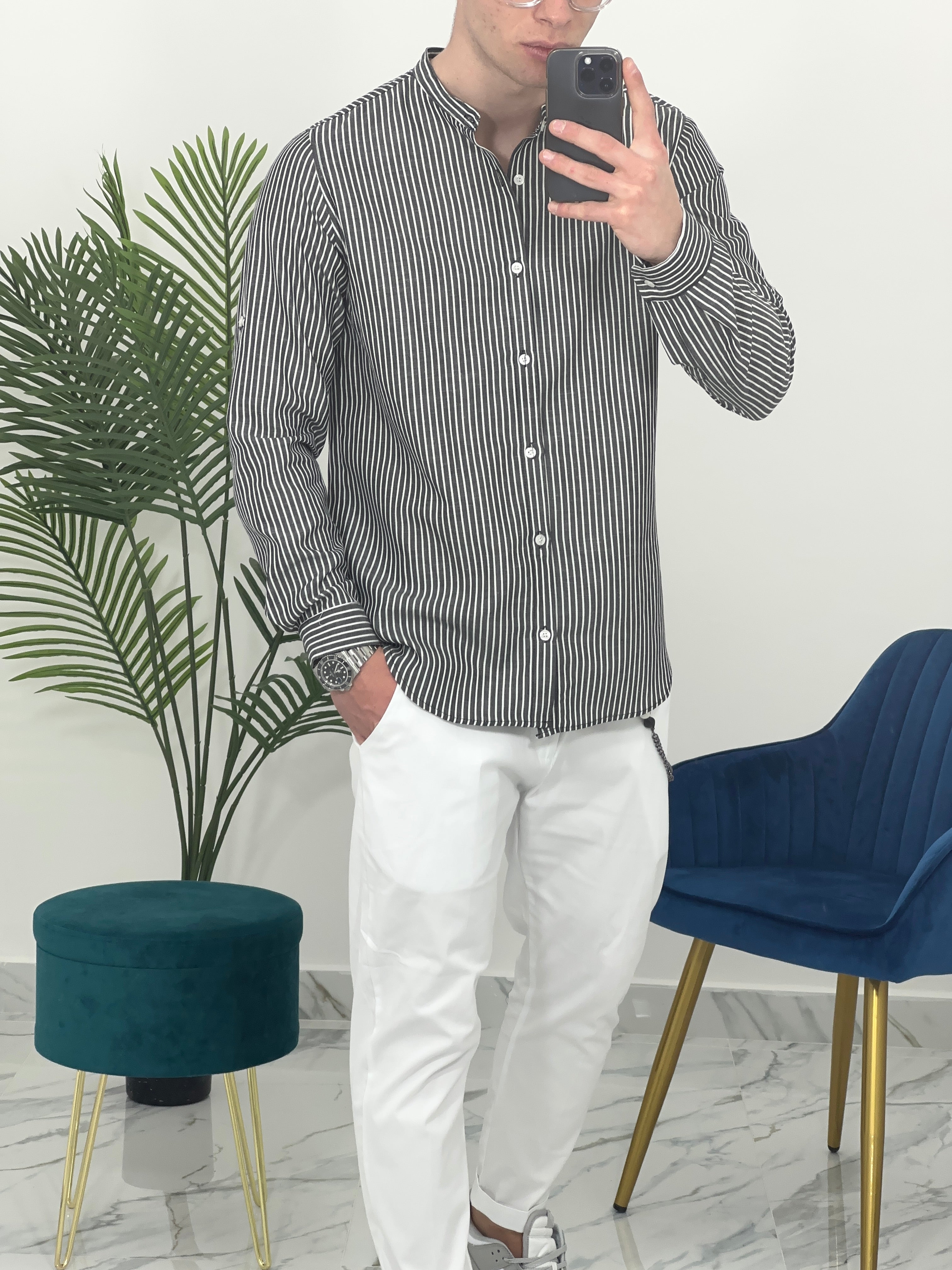 CAMICIA IN LINO A RIGHE col.NERO SKY02