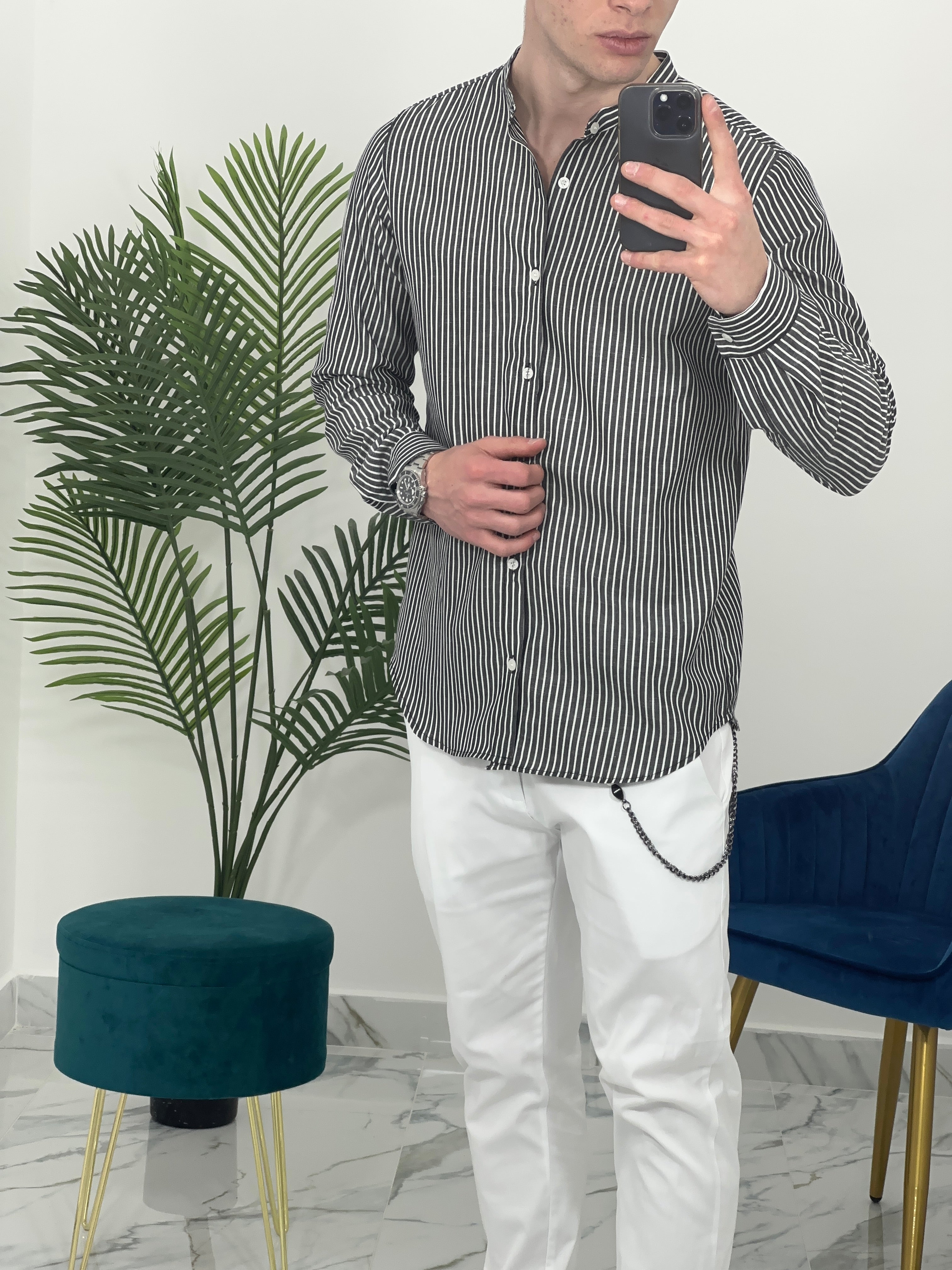 CAMICIA IN LINO A RIGHE col.NERO SKY02