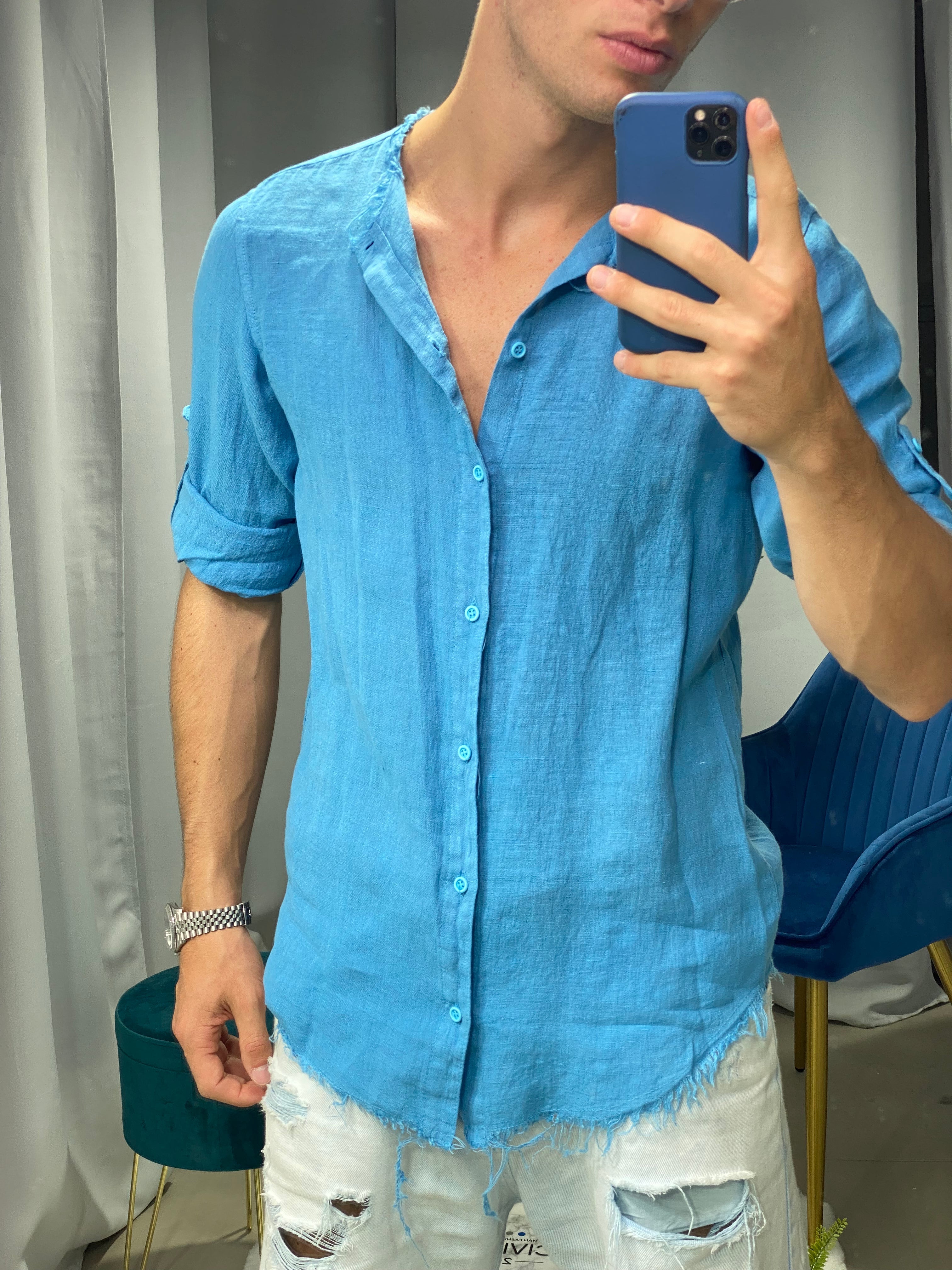CAMICIA IN LINO SFRANGIATA col.TURCHESE