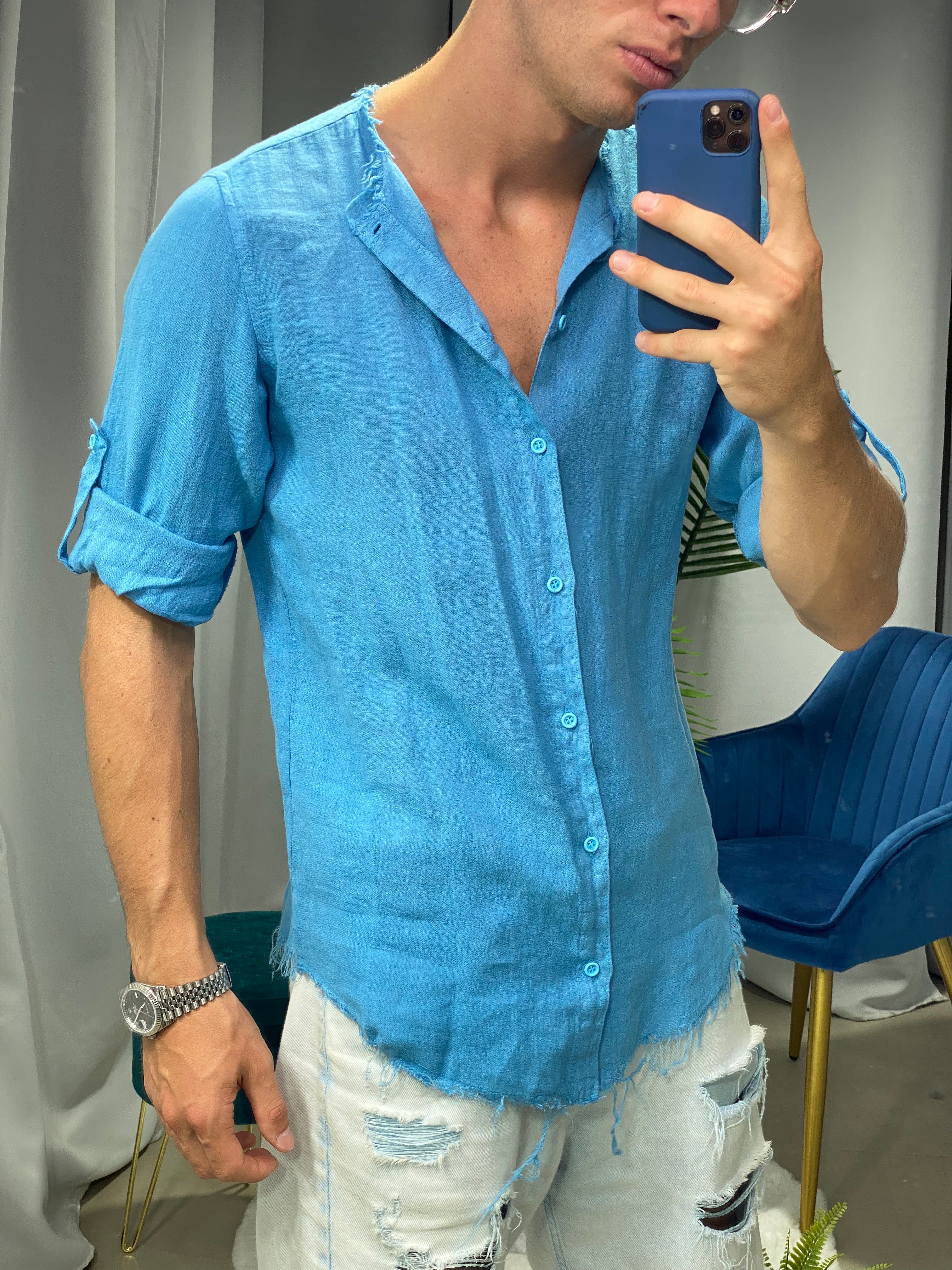 CAMICIA IN LINO SFRANGIATA col.TURCHESE