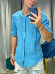 CAMICIA IN LINO SFRANGIATA col.TURCHESE