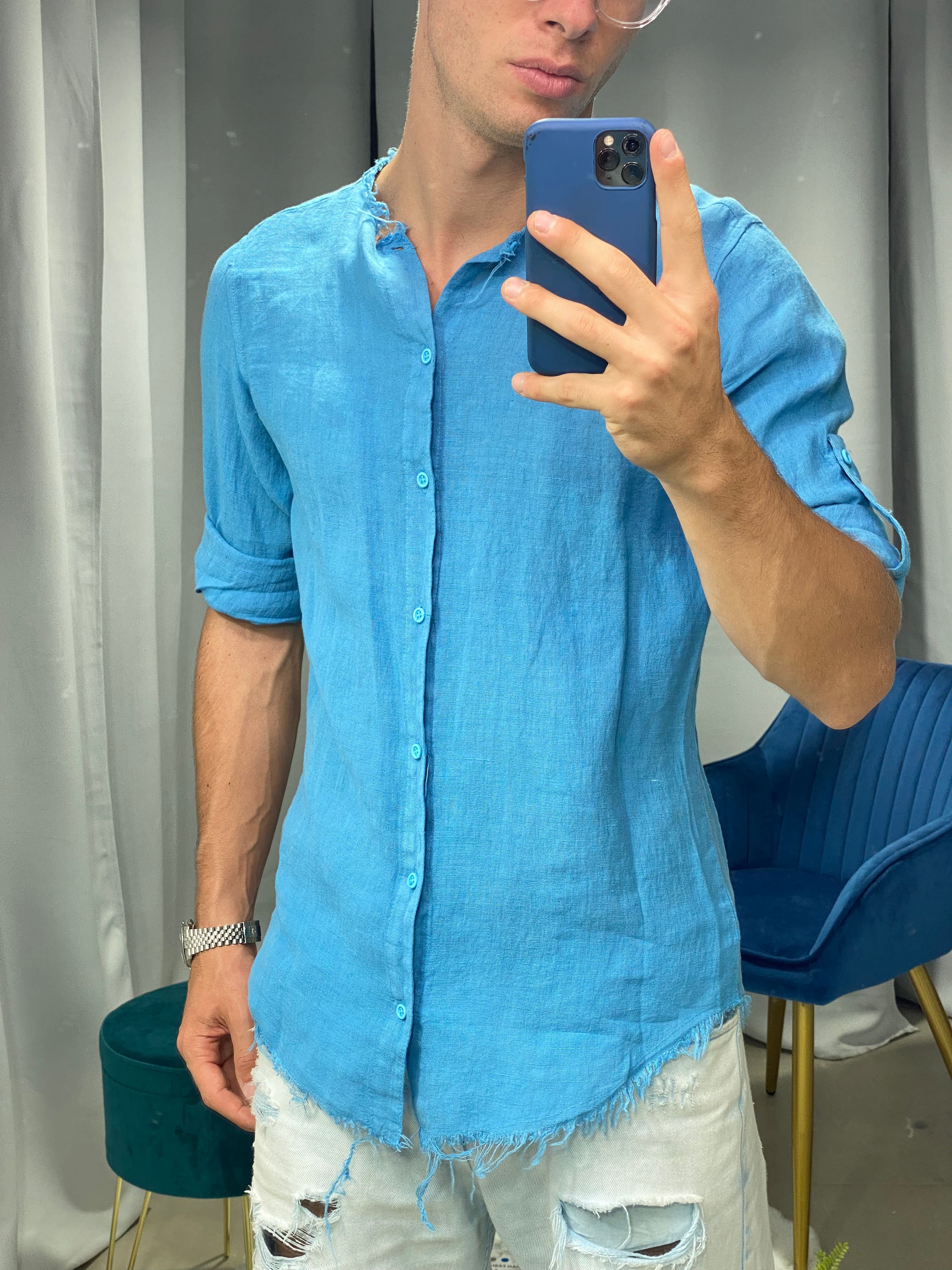 CAMICIA IN LINO SFRANGIATA col.TURCHESE