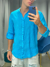 CAMICIA IN LINO COLLO COREANO col.TURCHESE