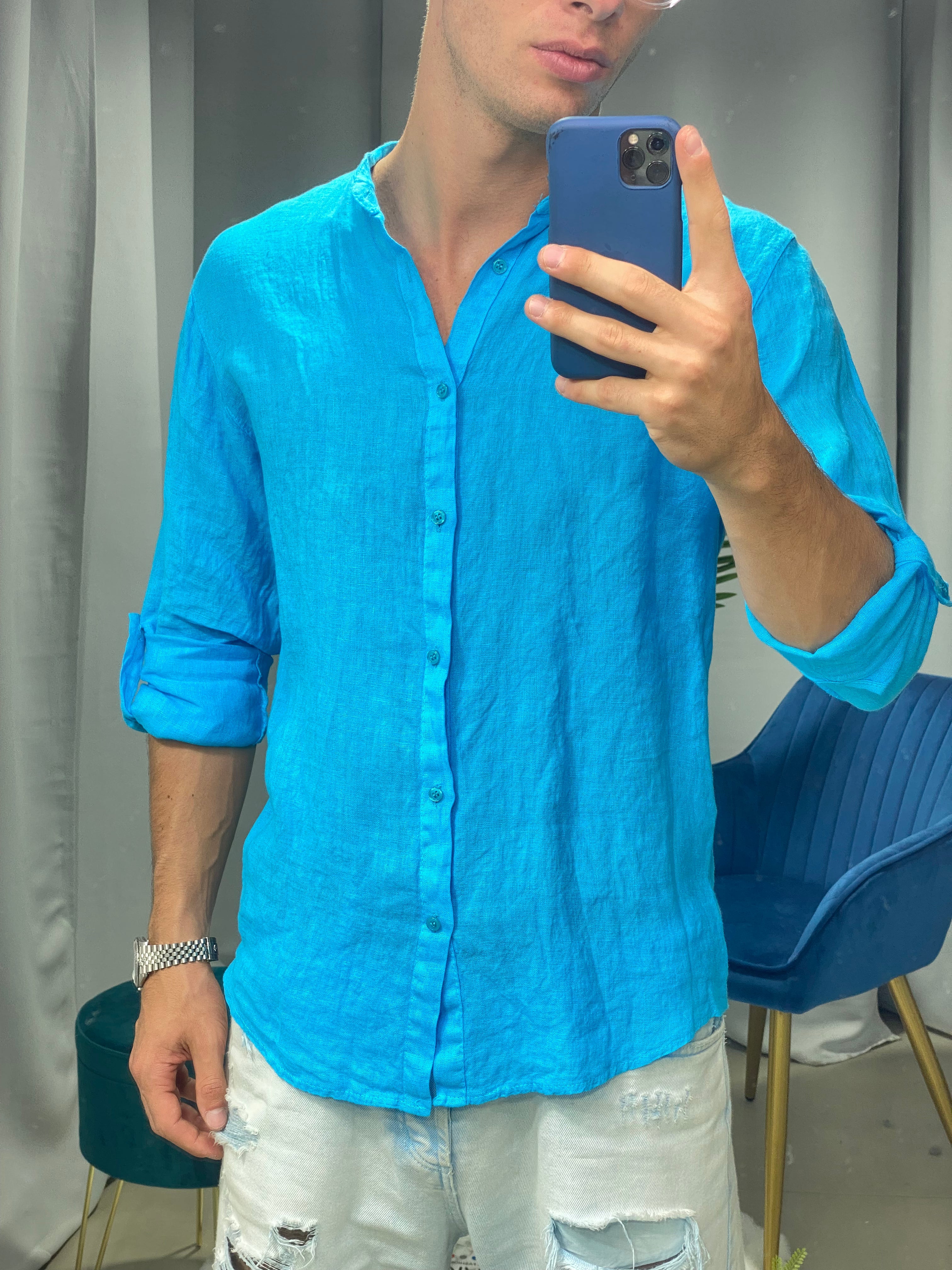 CAMICIA IN LINO COLLO COREANO col.TURCHESE