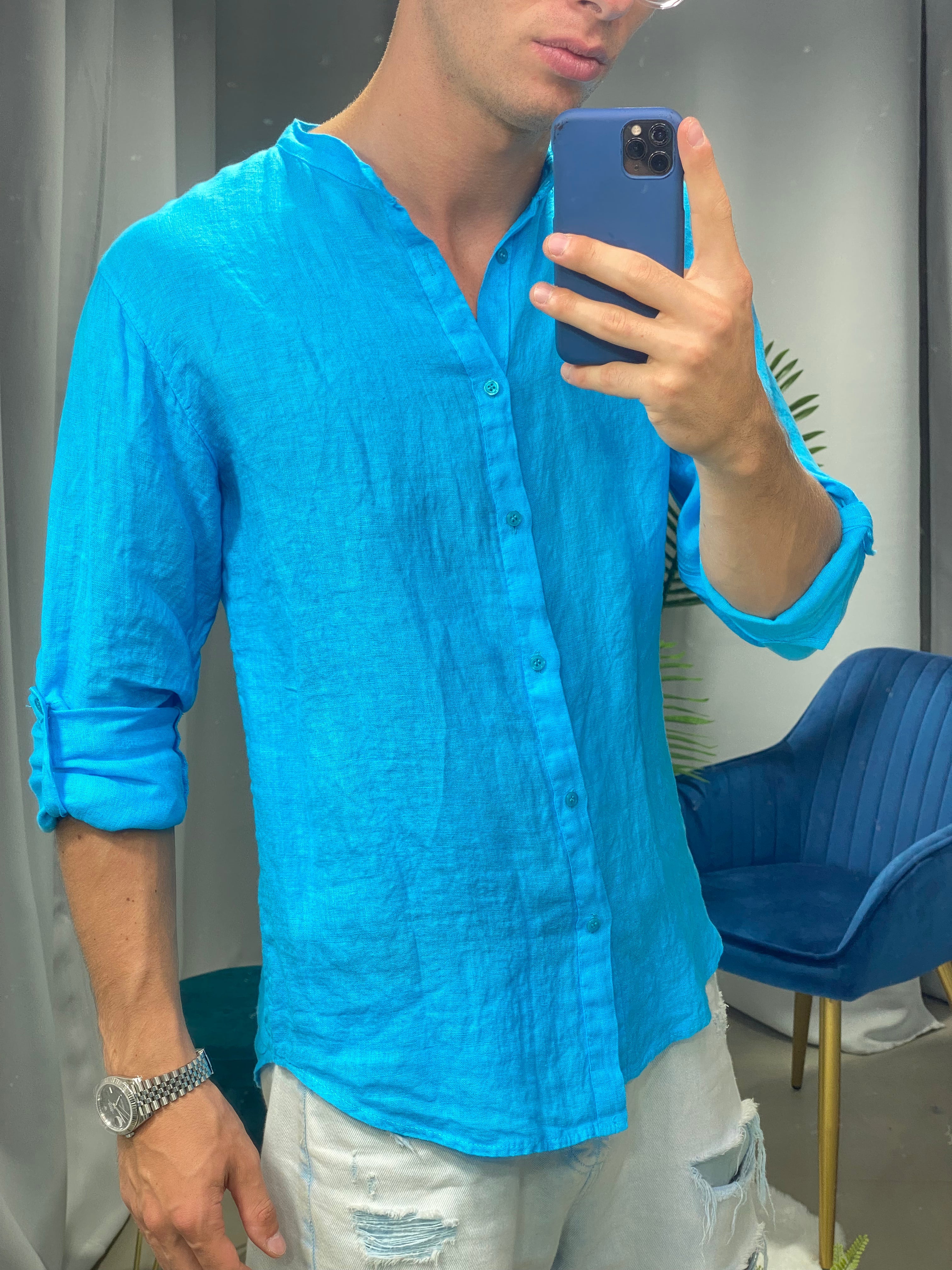 CAMICIA IN LINO COLLO COREANO col.TURCHESE