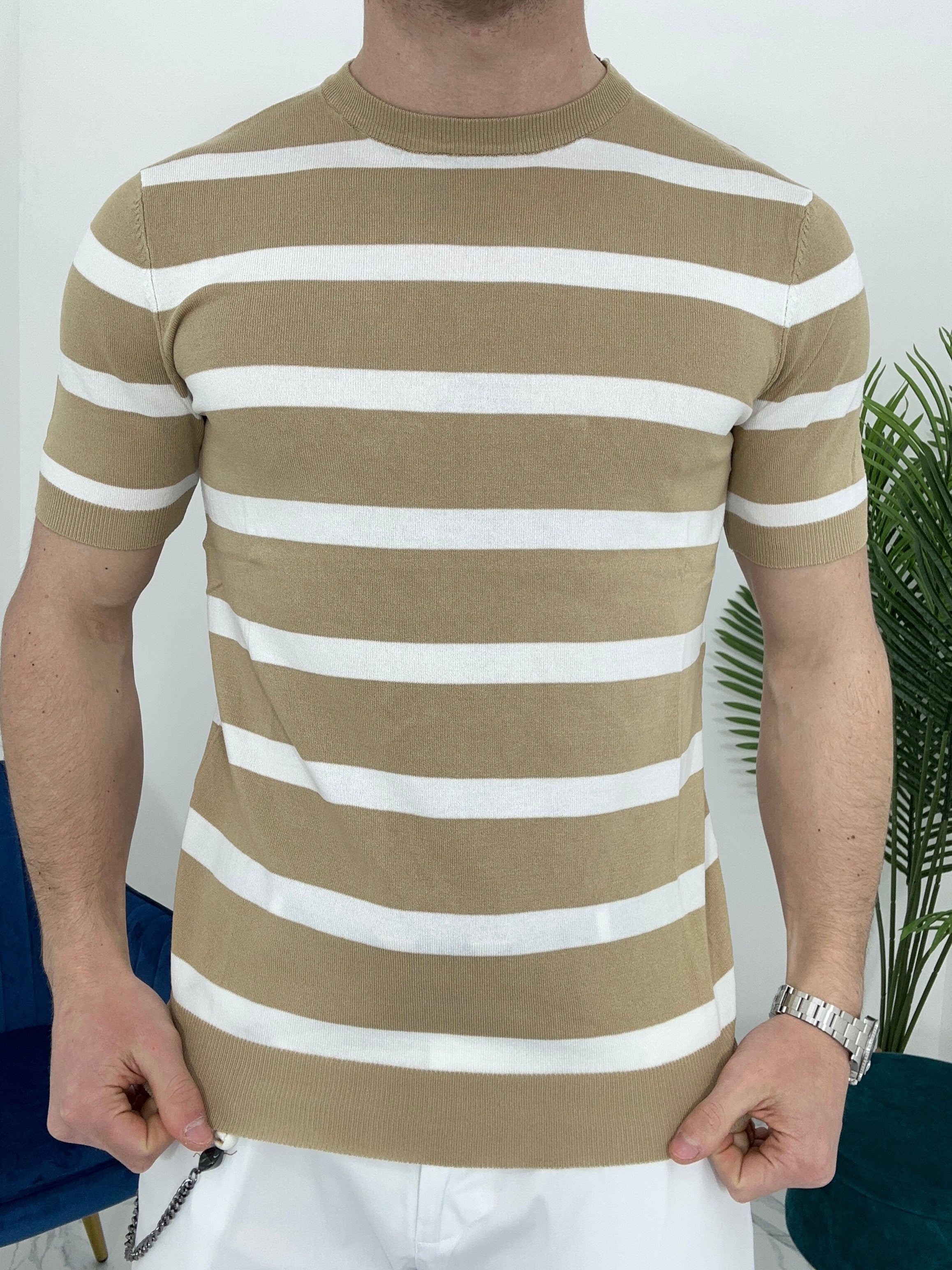 T-SHIRT A RIGHE COL.CAMMELLO BK8313